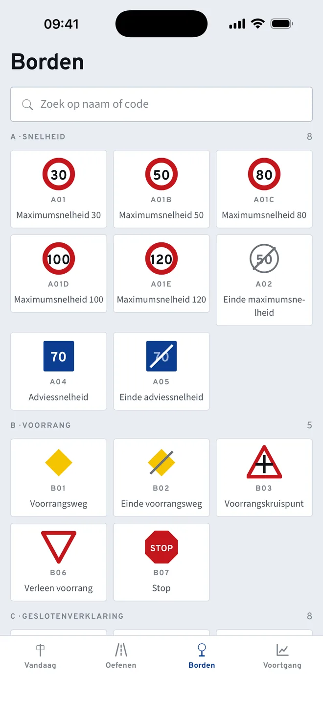 Het scherm Borden: verkeersborden per groep, met code en naam.