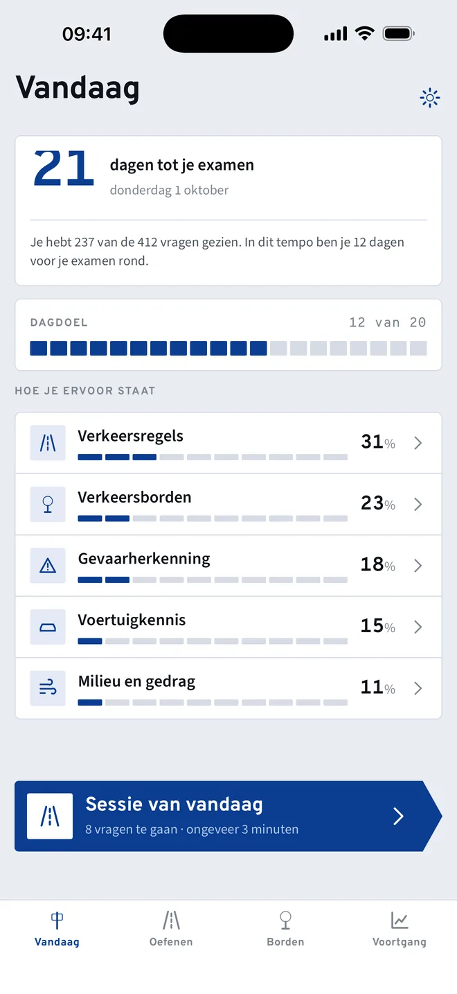 Het scherm Vandaag: 21 dagen tot je examen, het dagdoel, en per onderwerp hoe je ervoor staat.